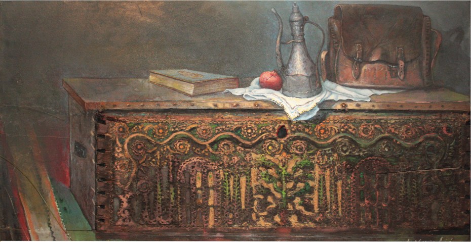 Lice stare sehare ukomponovano u sliku. Slikar Ibrahim Novalić, ulje na platnu130x67cm