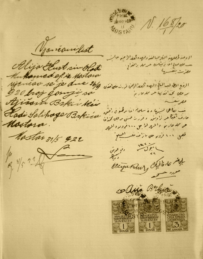 Vjenčani list Alije Kurt i Aiše Brkić od 26. septembra 1920. 