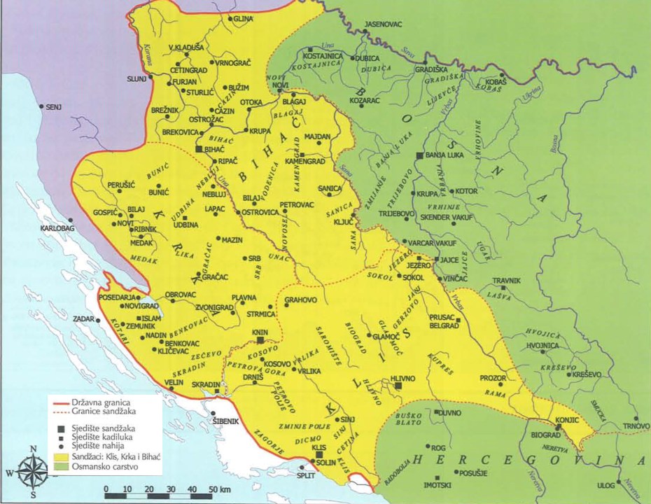 Karta sandžaka Klis, Krka i Bihać u Bosanskom ejaletu 1606.